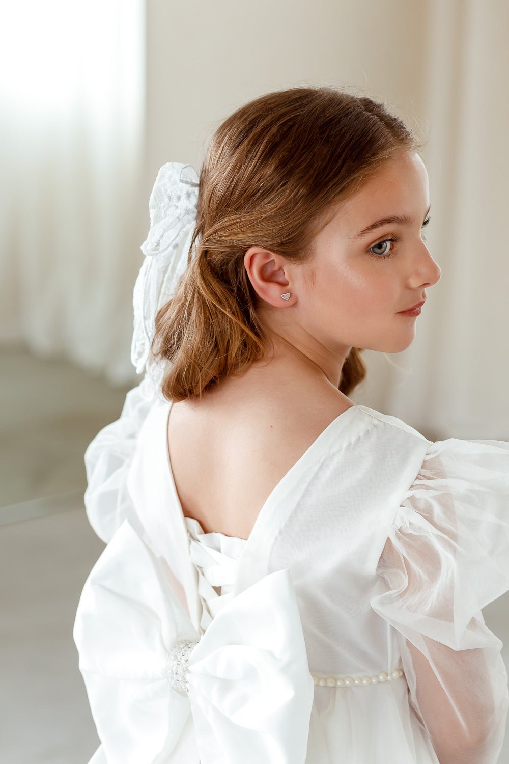 Christa White luxury girl dress puff sleeves