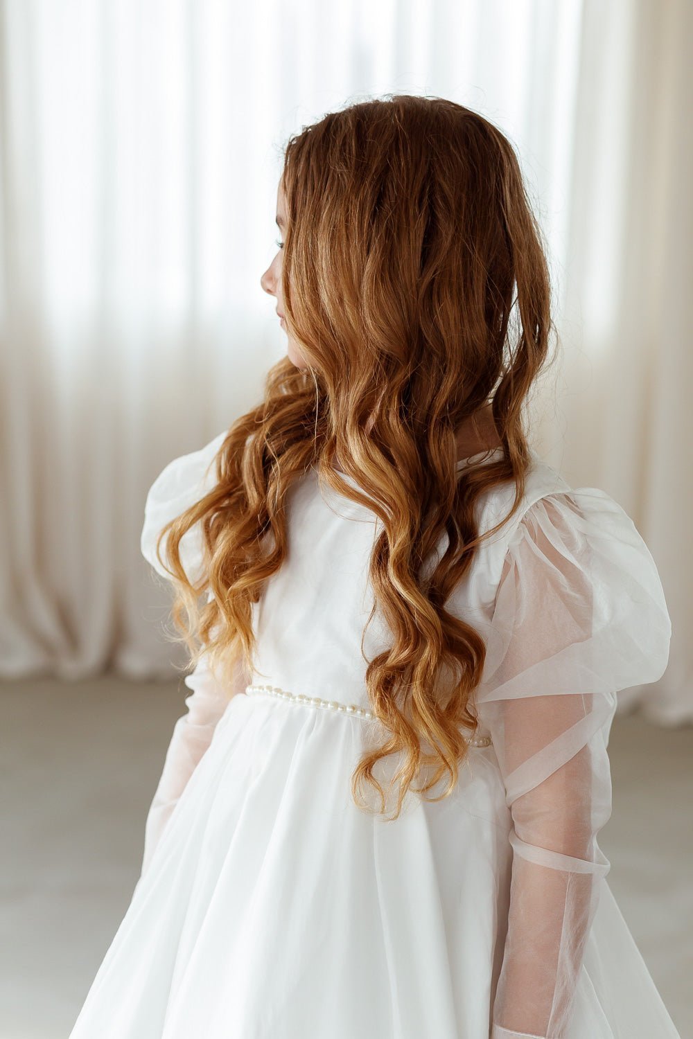 Christa white luxury flower girl dress puff sleeves