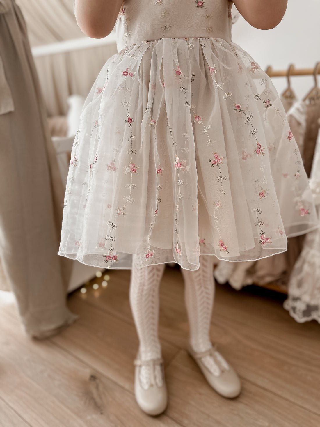 Flora embroidered beige organza dress