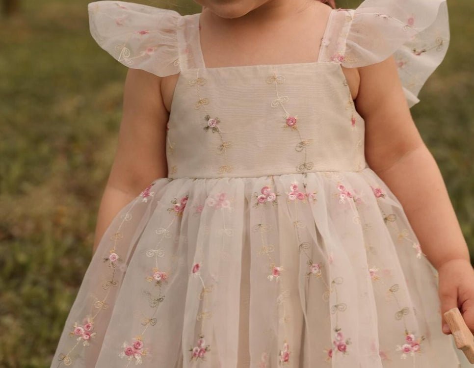 Flora embroidered beige organza dress
